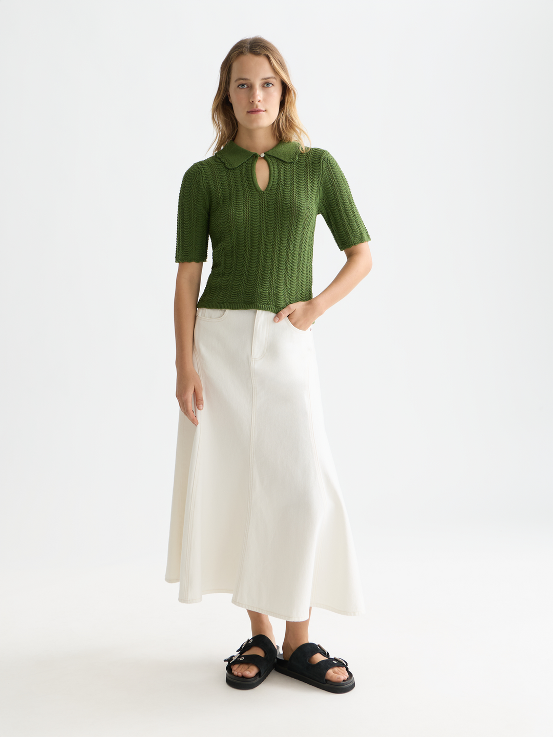 Pointelle collared knitted tee