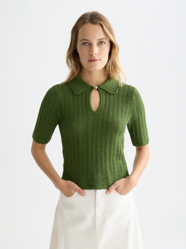 Pointelle collared knitted tee