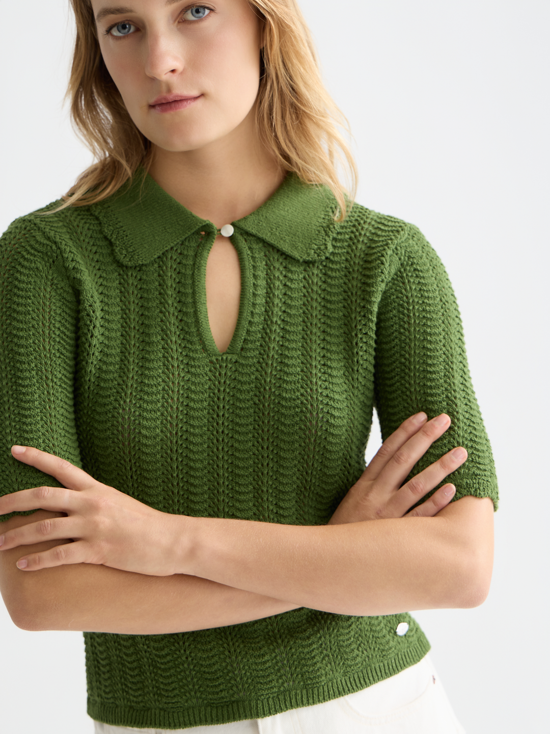Pointelle collared knitted tee