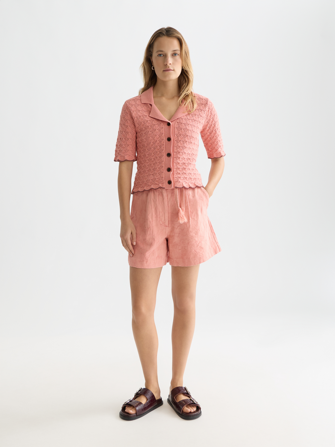 Pointelle short sleeve cardigan
