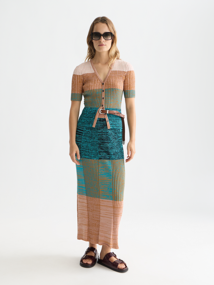 Block stripe ribbed short sleeve cardigan