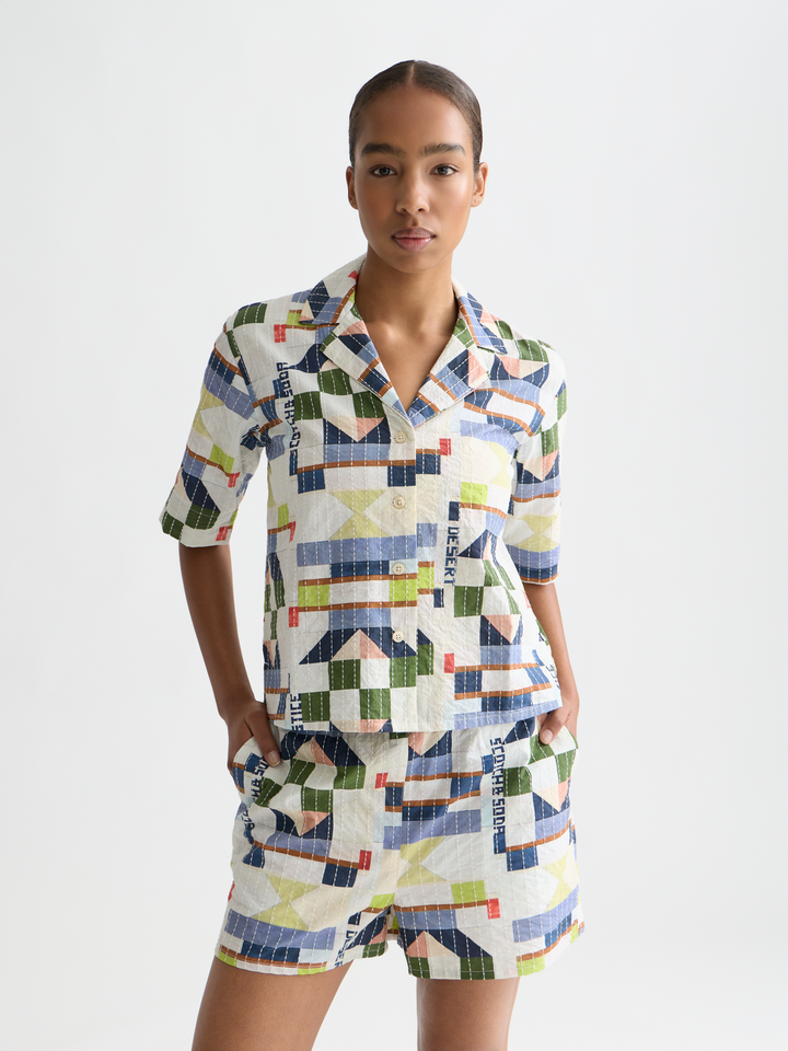 Stitch-embroidered printed  short sleeve shirt