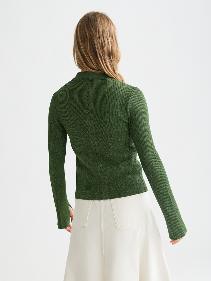 Metallic ribbed collared cardigan