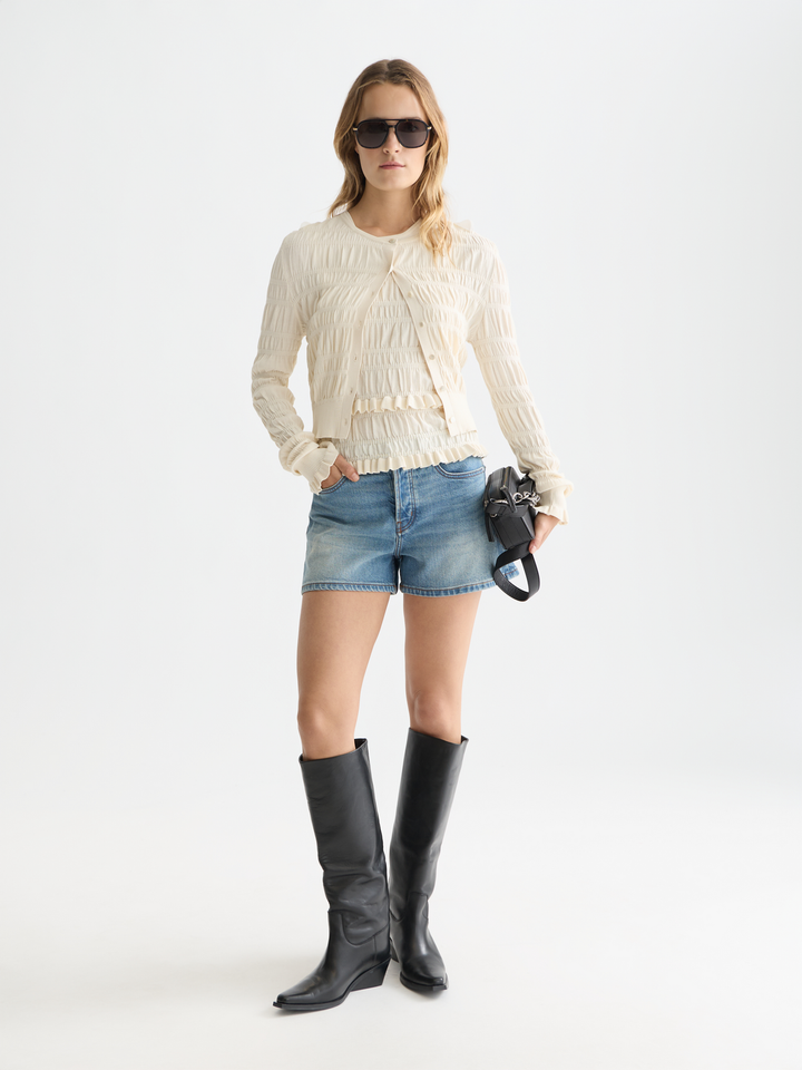 Smock stitch crew neck cardigan