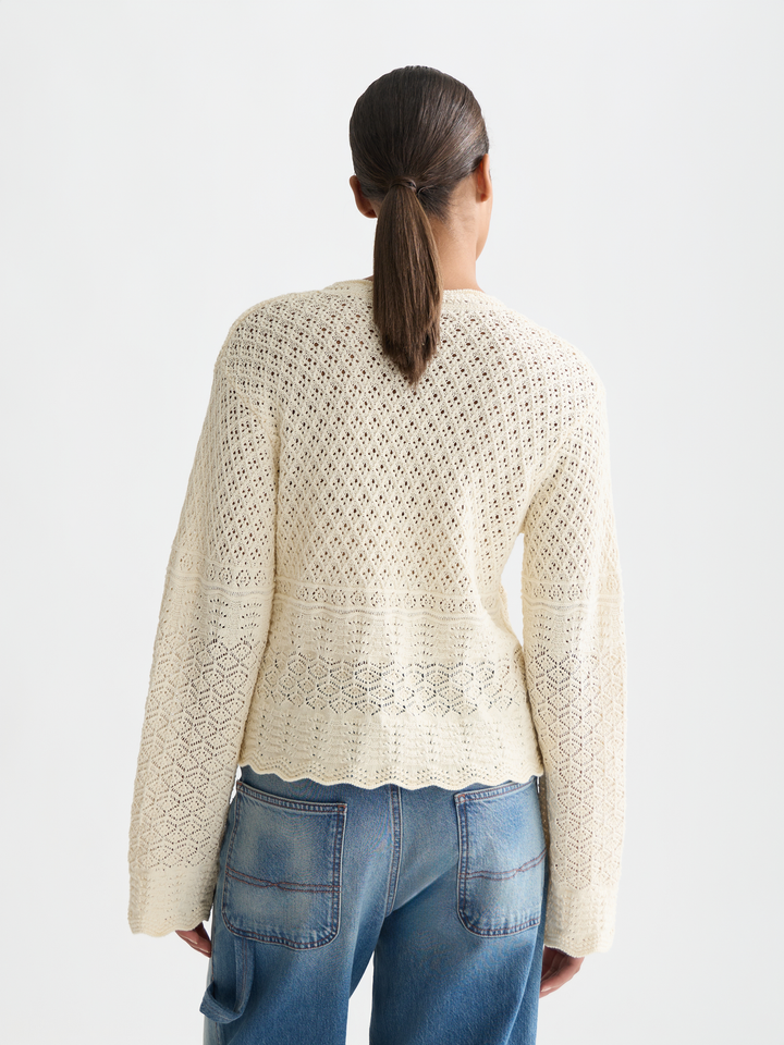 Pointelle stitch V neck pullover