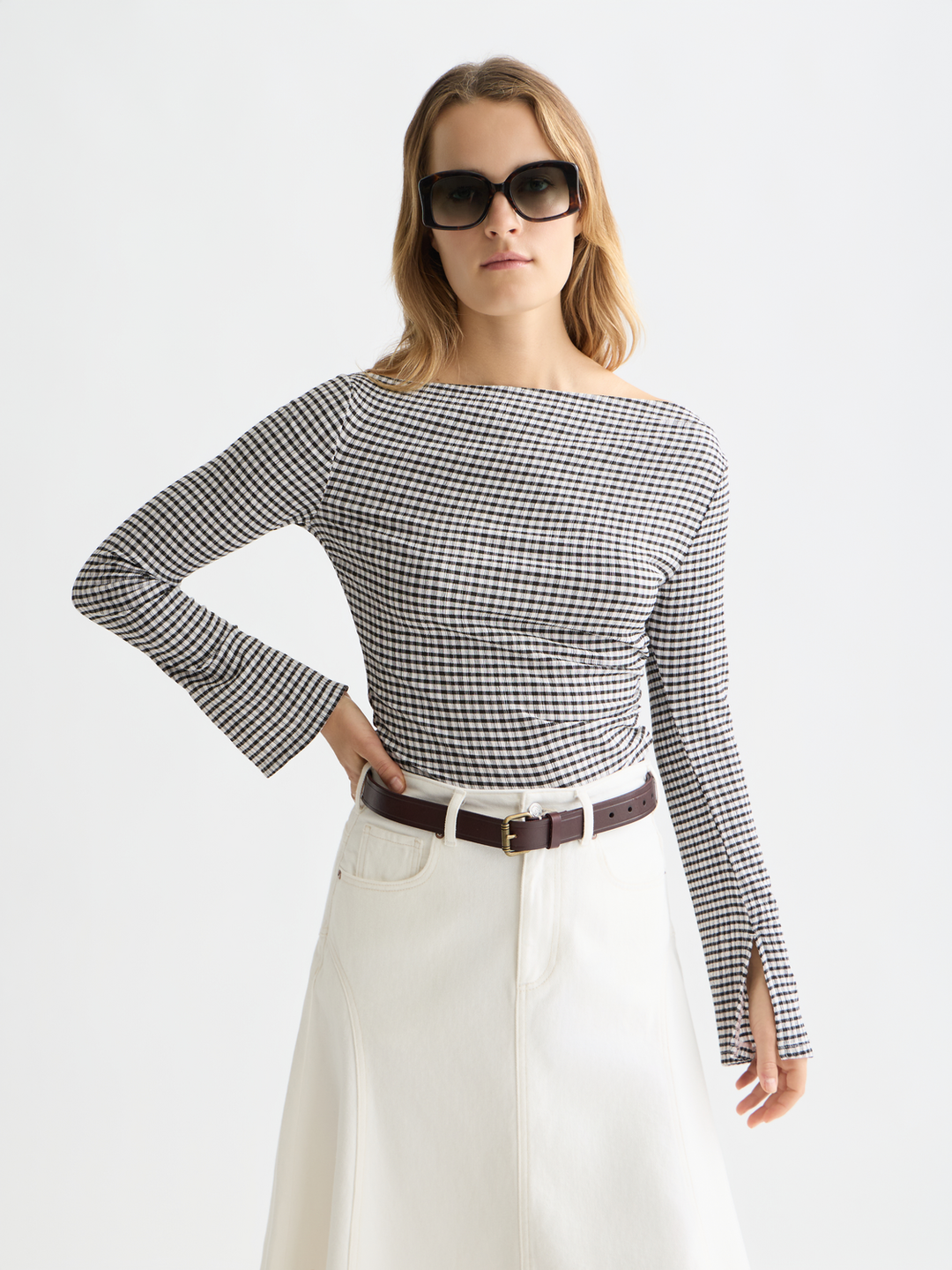 Drapey gingham long sleeve T-shirt