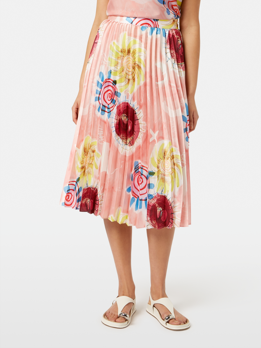 Printed pleated high rise midi skirt