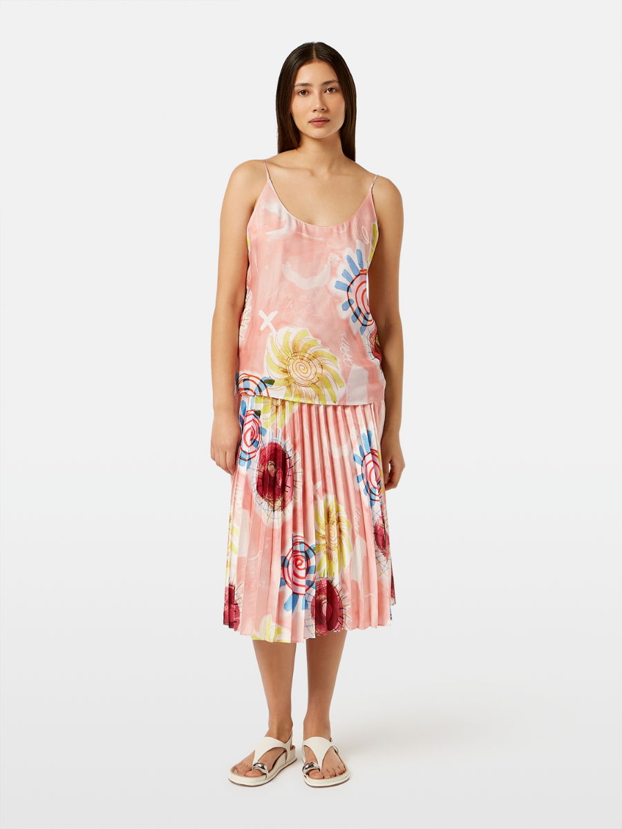 Printed pleated high rise midi skirt