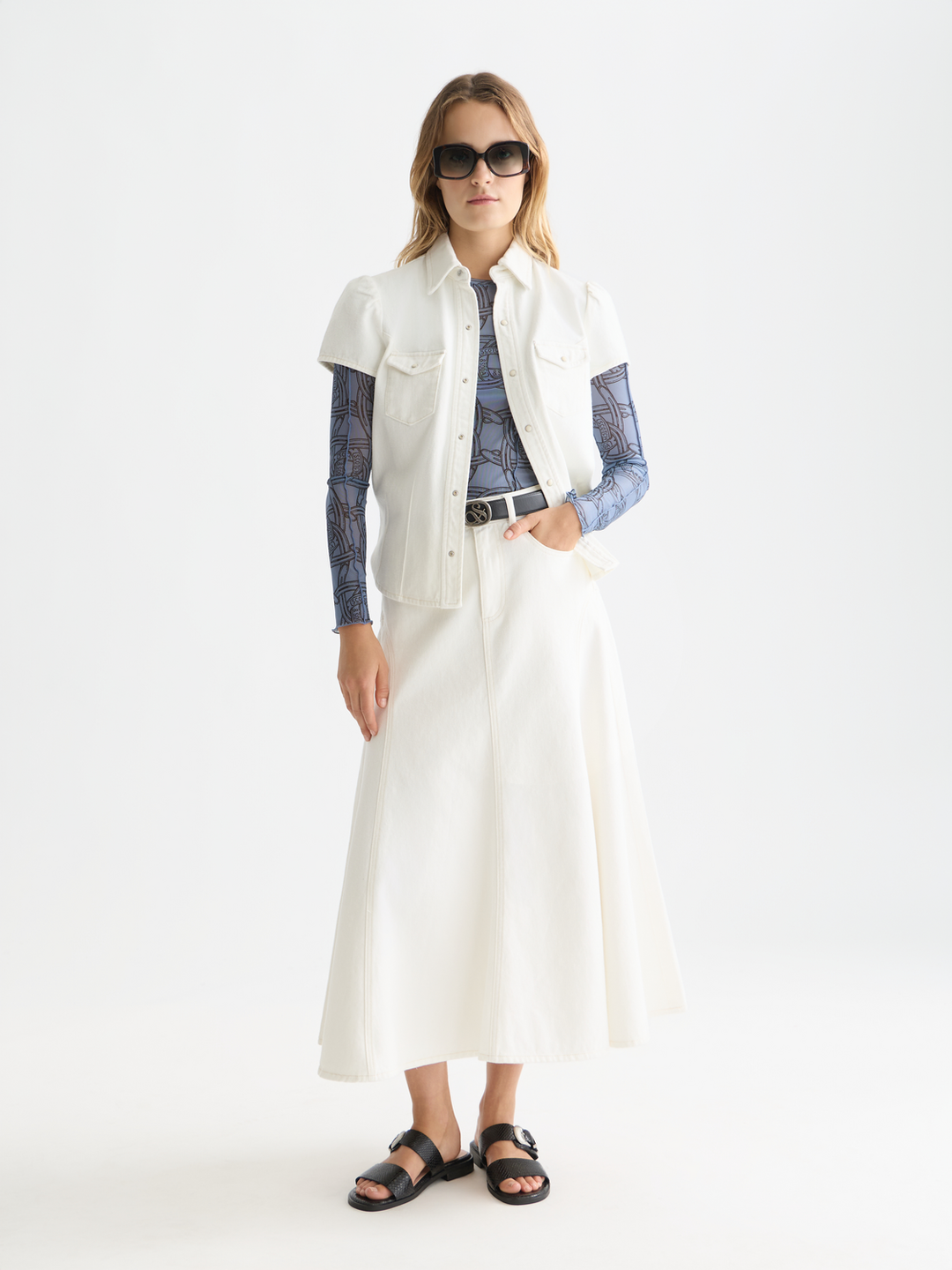 5 pocket denim maxi skirt