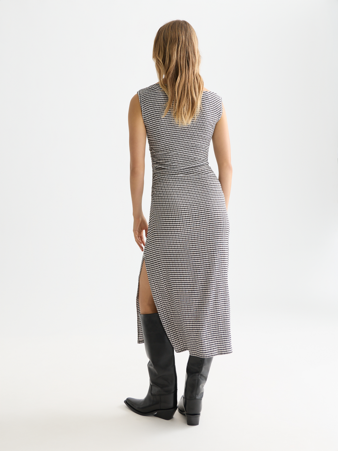 Structured gingham drapey midi dress