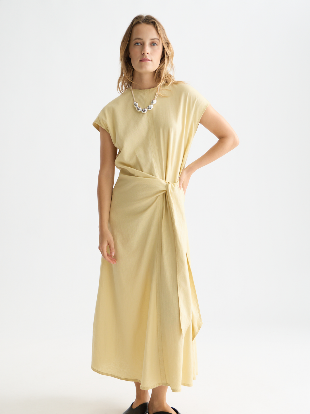 Relaxed linen blend ankle length tie dress