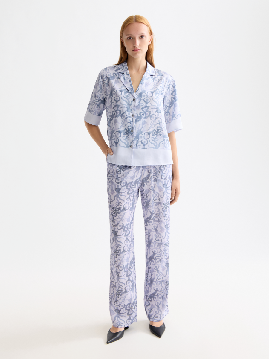 Gia-Mid rise wide leg elasticated trousers in block print