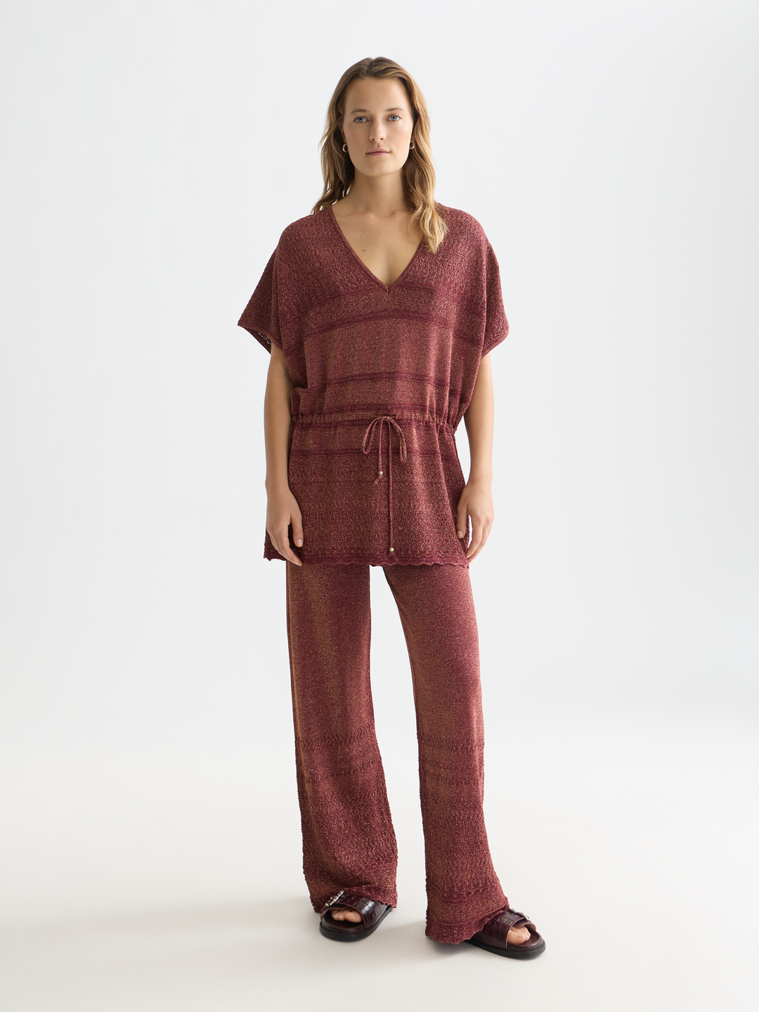 Metallic pointelle knitted trousers