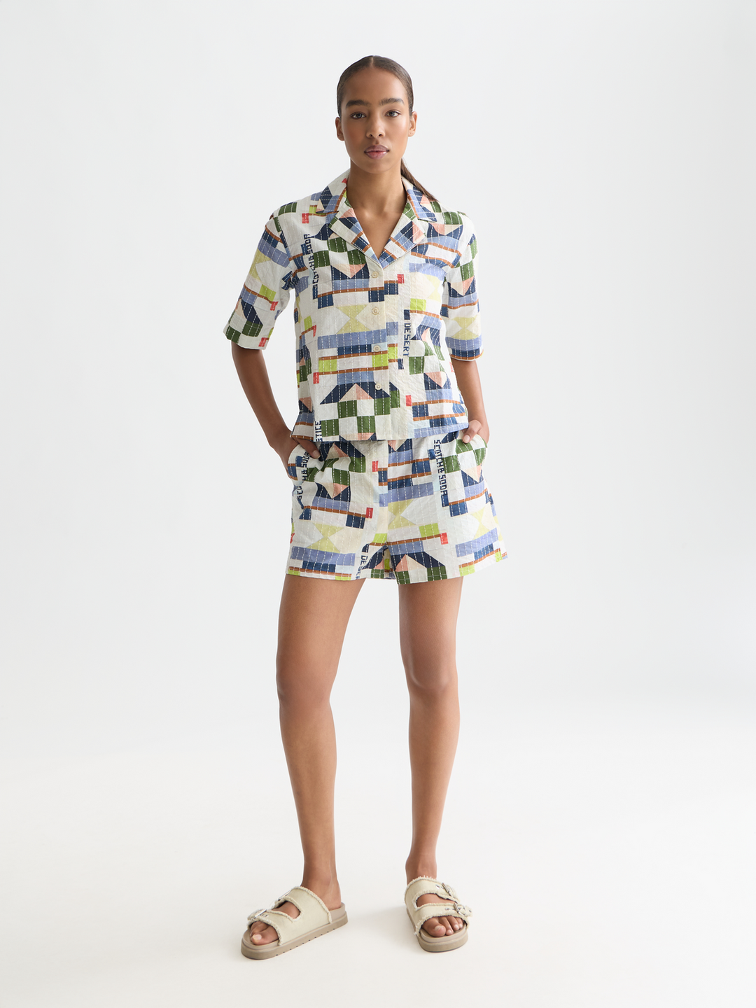 Printed and stich-embroidered shorts