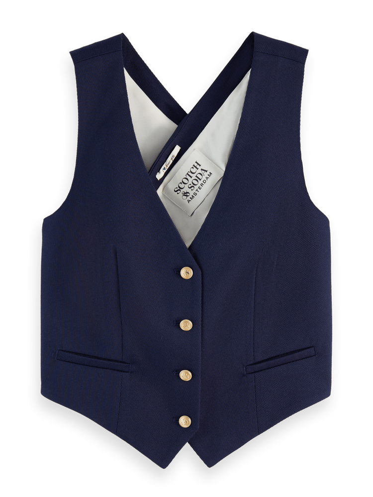 

Cross back gabardine twill waistcoat, Navy