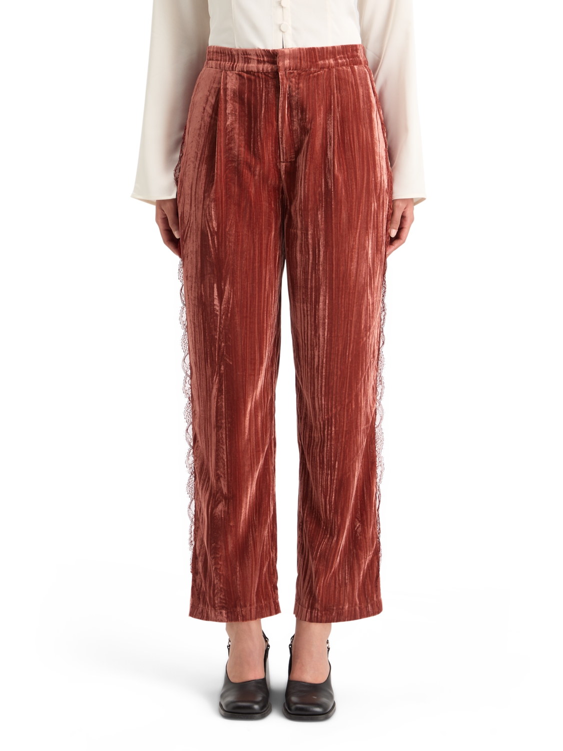 

Lace Trimmed Velvet Pants, Rust