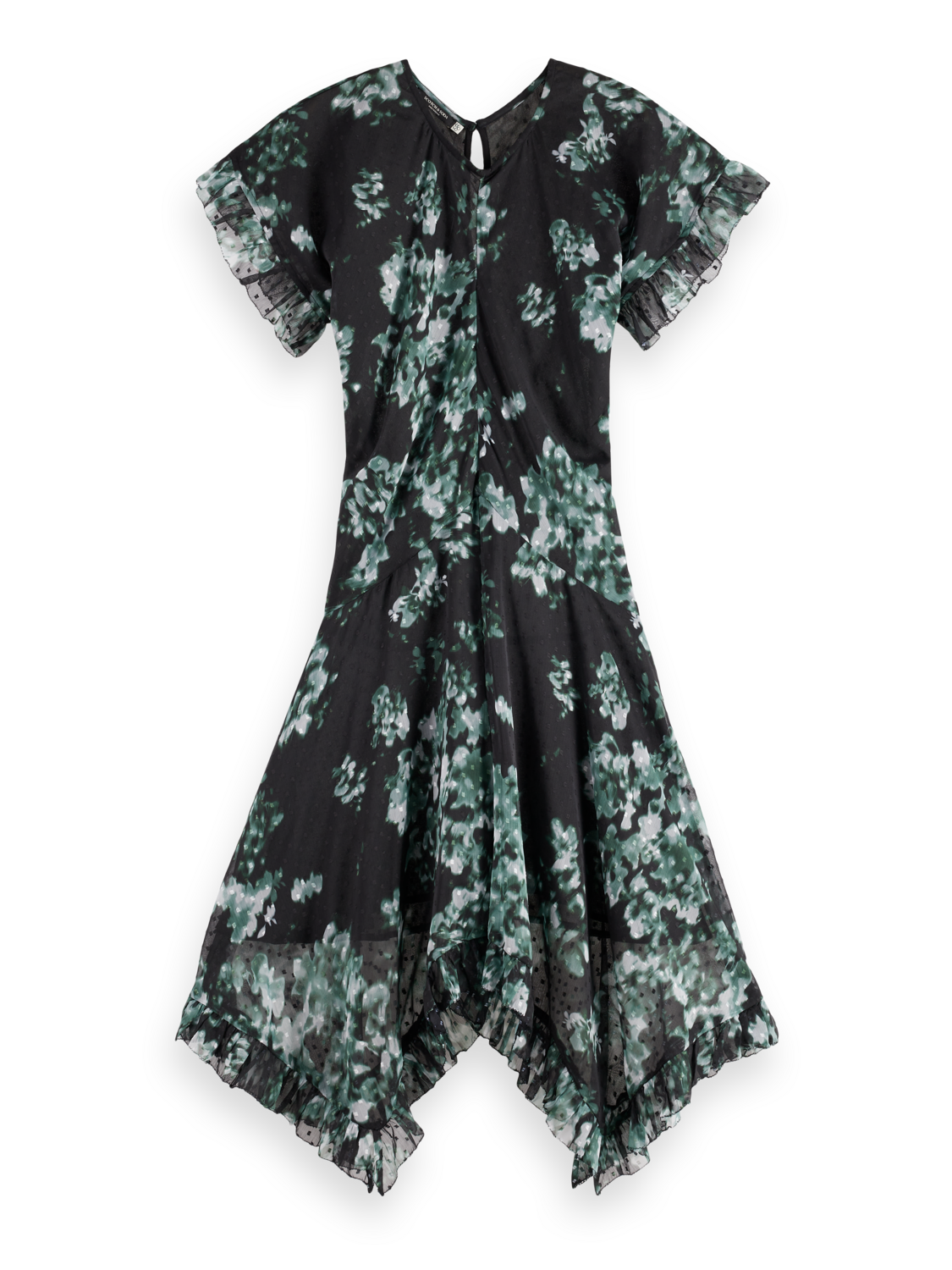 

Printed Fil Coupe Mini Ruffle Dress, Nieuw blossom print park green