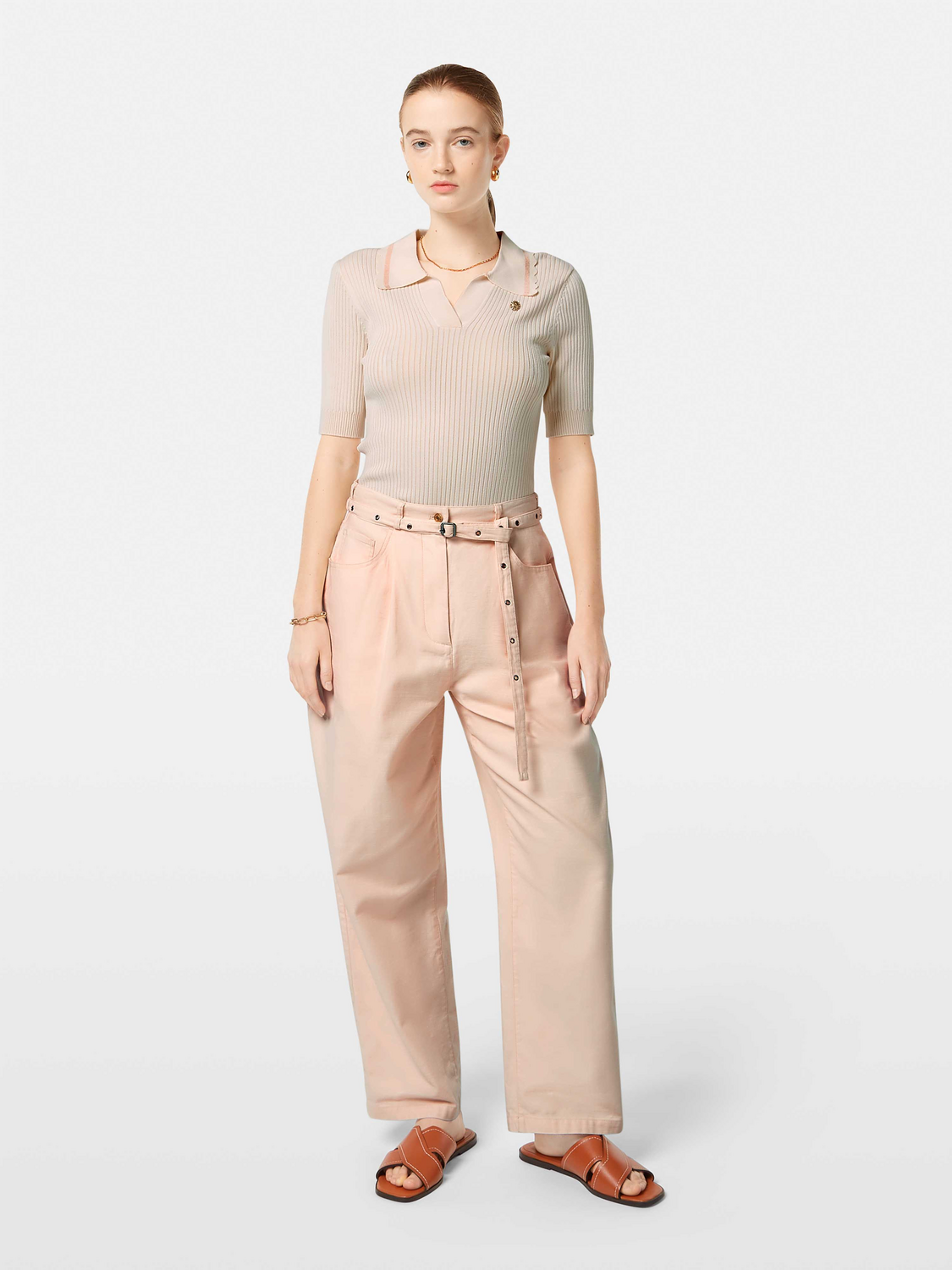

Rib polo neck short sleeve pullover, Soft ice